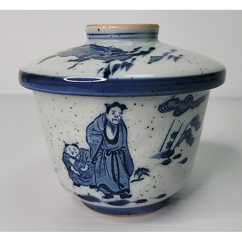 Arita Ware Japanese Pottery Chawanmushi Cup 2‎ Piece Set Warrior Blue Speckle